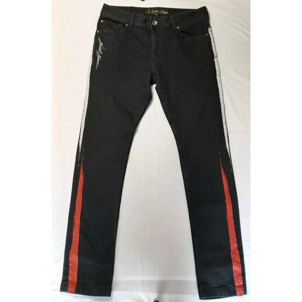 Karl Kani Jeans Men's Black Cotton‎ Blend Sideline Painted Slim Stretch 36 X 32
